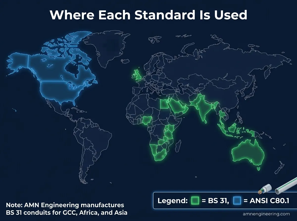 World map showing regions where BS 31 conduit standard and ANSI C80.1 standard are predominantly used