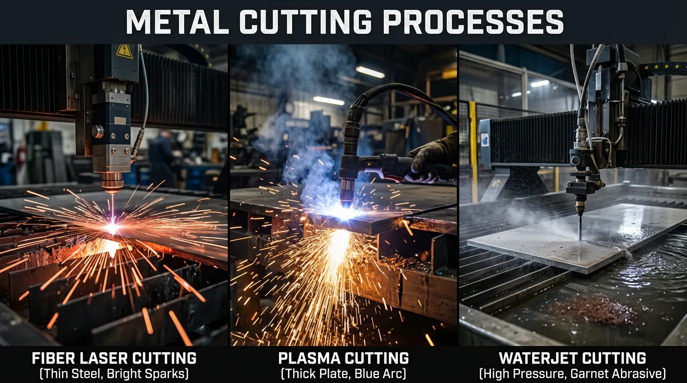 Comparison of laser cutting, plasma cutting, and waterjet cutting showing different edge qualities and cutting processes on steel plates