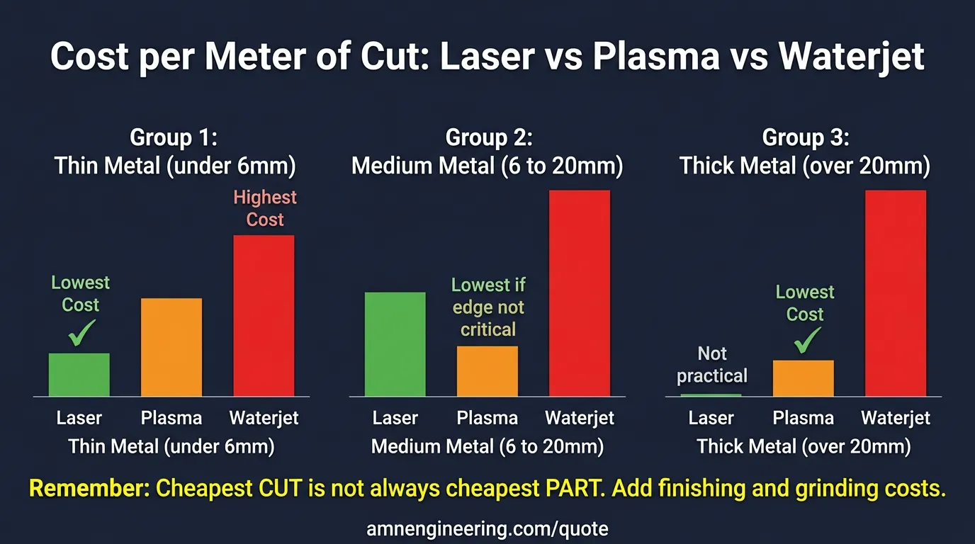 Bar chart comparing cost per meter of laser cutting, plasma cutting, and waterjet cutting across thin, medium, and thick steel plates