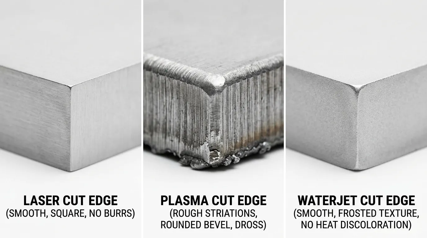 Close up comparison of edge quality from laser cutting, plasma cutting, and waterjet cutting on steel plate showing surface finish differences