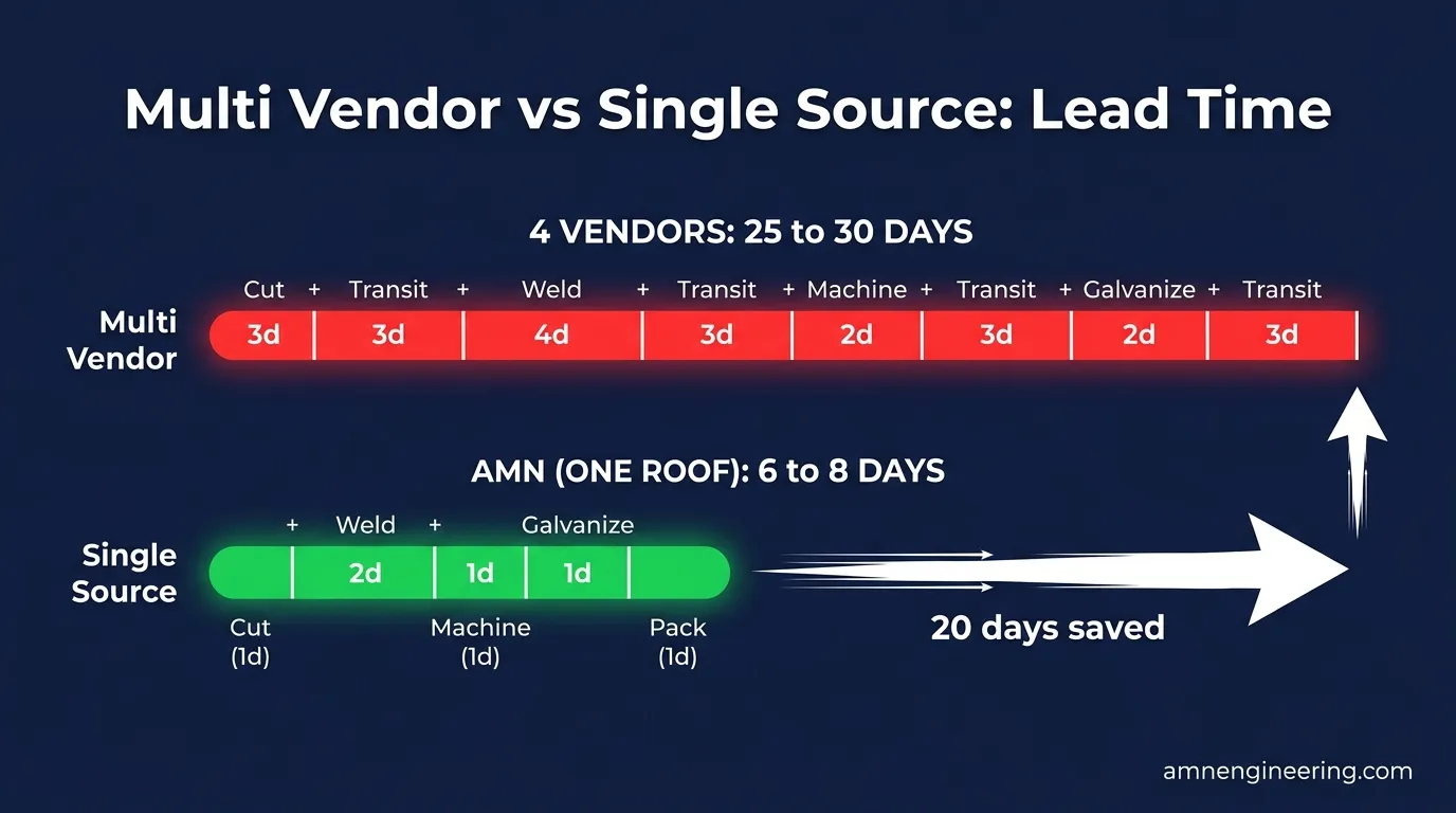 Timeline comparison showing 25 to 30 days with multiple vendors versus 6 to 8 days with all processes under one roof