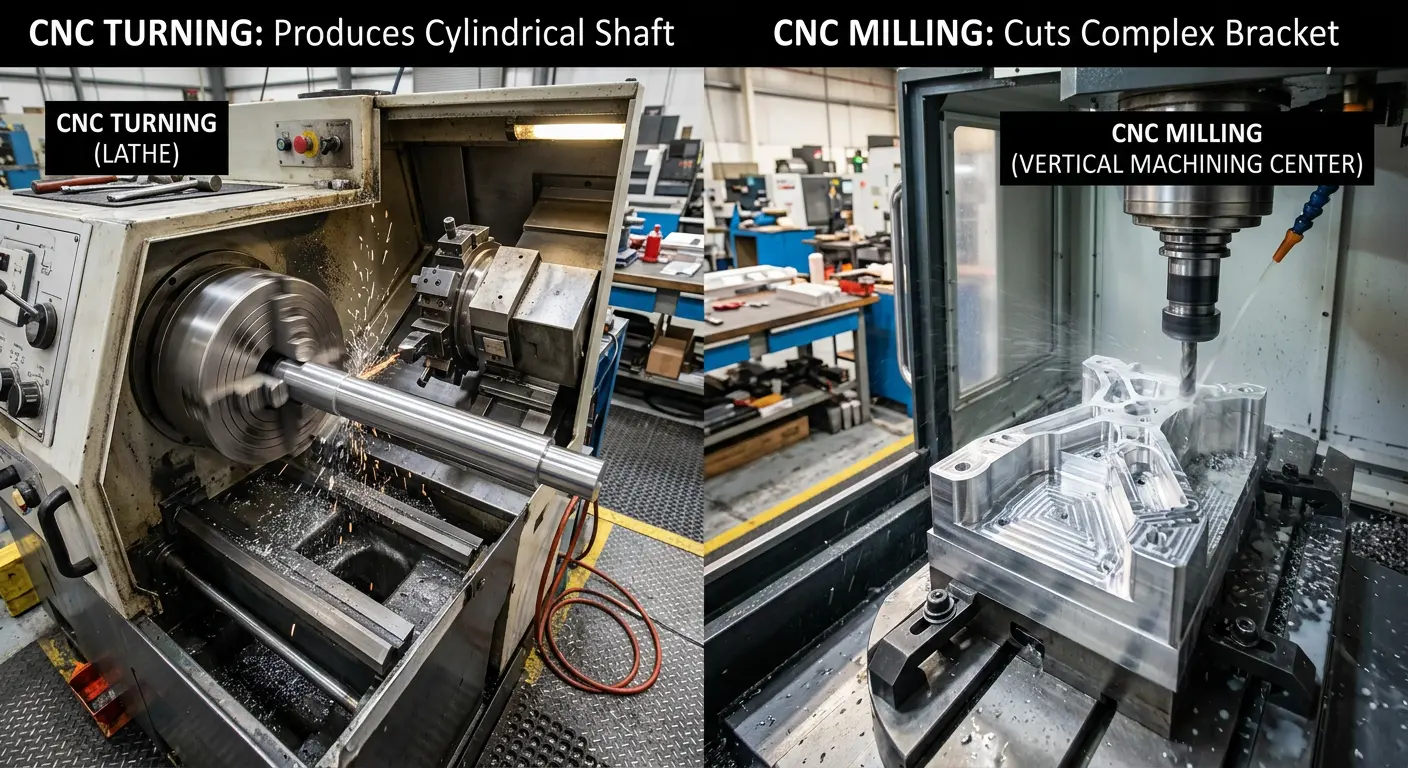 CNC turning and CNC milling comparison showing a lathe producing a cylindrical shaft and a milling machine cutting a complex bracket