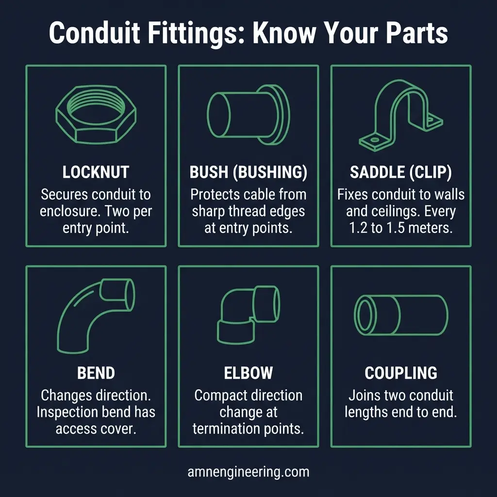 Visual identification chart of conduit fittings showing locknut, bush, saddle, bend, elbow, coupling, and junction box with labels