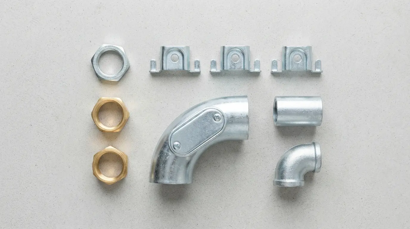 Complete range of steel conduit fittings including locknuts, bushes, saddles, bends, elbows, and couplings arranged on a workbench