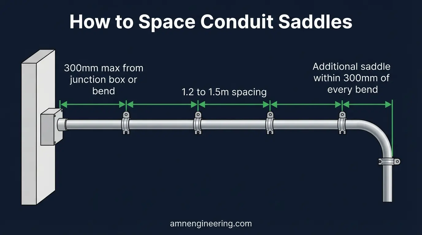 Conduit saddle spacing guidelines showing 1.2 to 1.5 meter intervals for horizontal runs and support within 300mm of bends and junction boxes