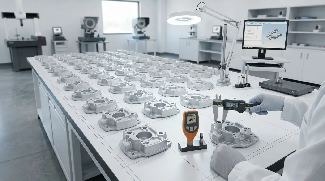 Rows of identical die cast aluminum parts on an inspection table showing consistent quality across high volume production