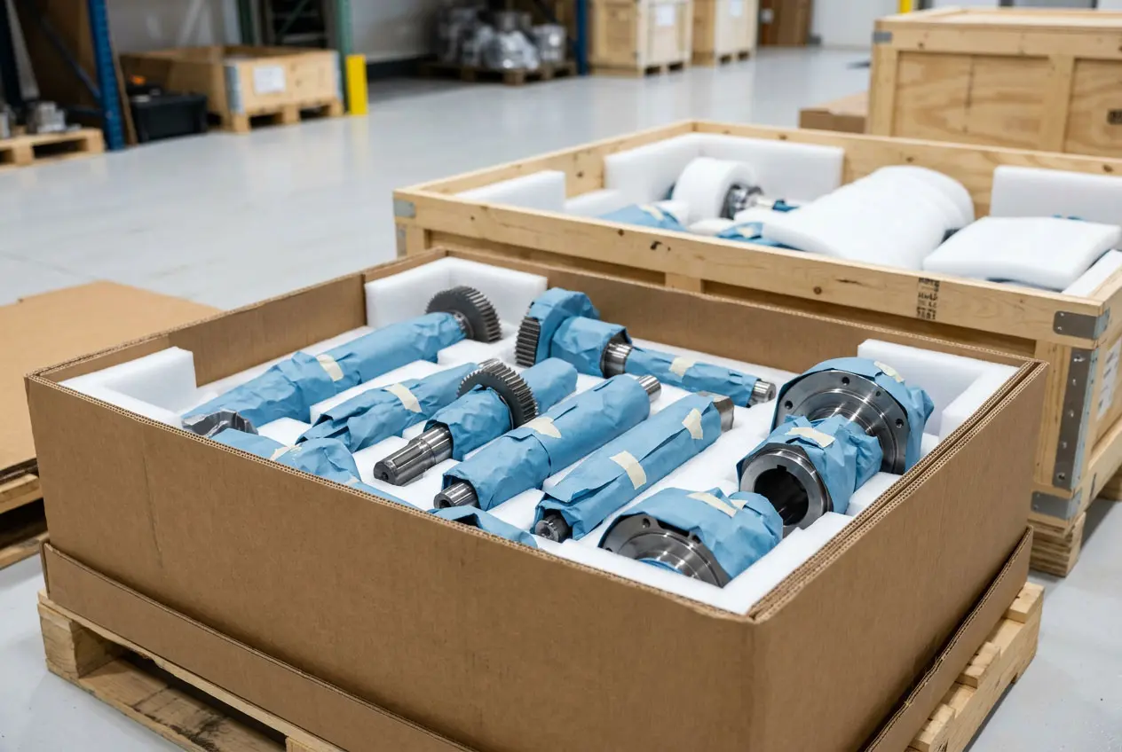 Export-packed CNC machined parts in wooden crate with VCI paper wrapping, ready for shipment from Pakistan to Dubai