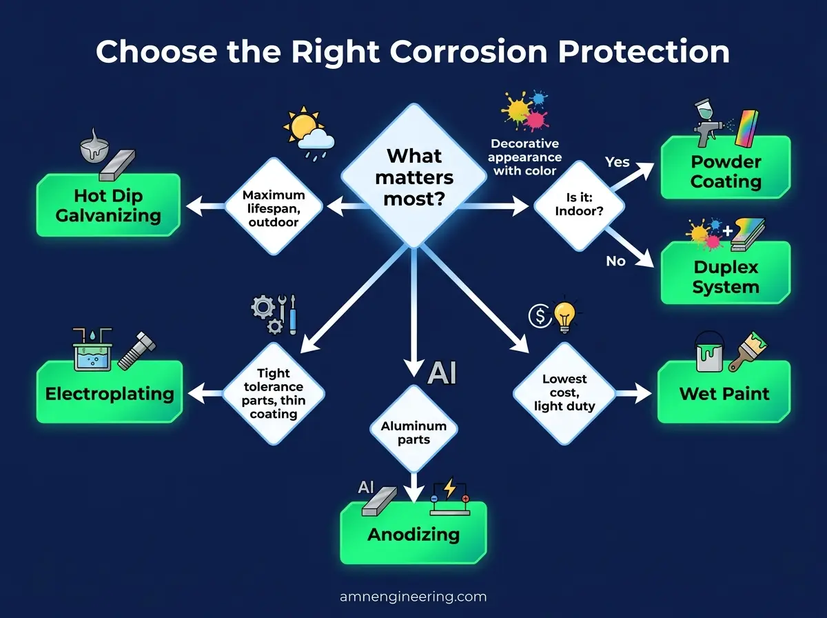 Flowchart guiding the choice of corrosion protection method by environment, appearance, budget, and tolerance