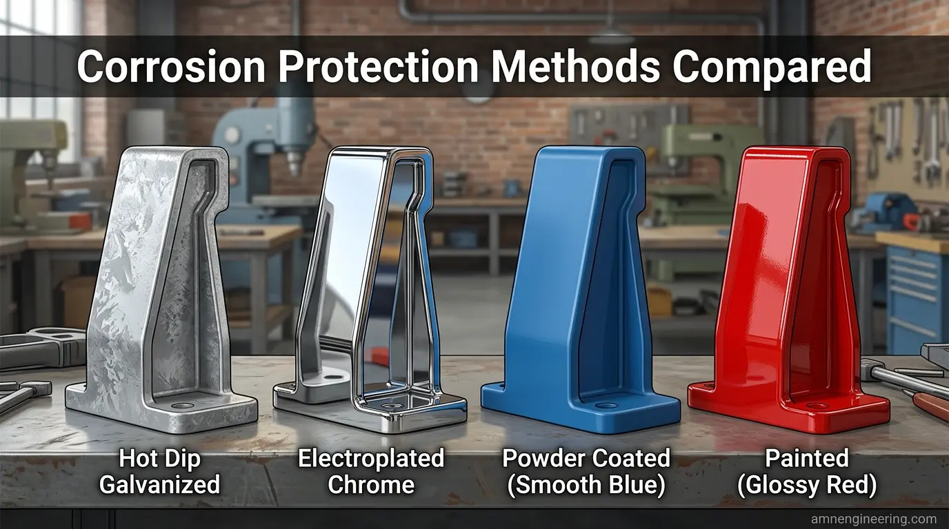 Side by side comparison of galvanized, powder coated, electroplated, and painted steel samples at AMN Engineering