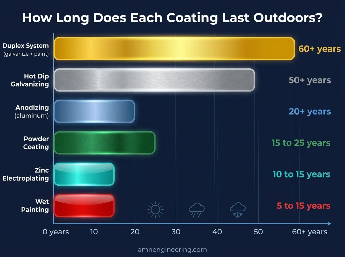 Bar chart comparing outdoor lifespan in years for hot dip galvanizing, powder coating, wet painting, and zinc electroplating