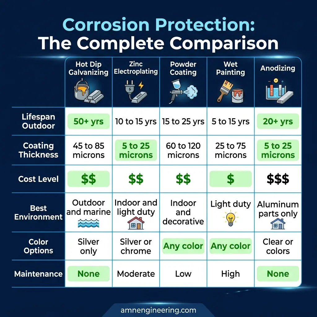 Corrosion protection comparison chart showing lifespan, cost, and coating thickness for galvanizing, plating, powder coating, and painting