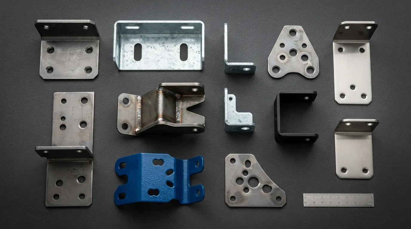 Collection of custom manufactured steel brackets showing various shapes, sizes, and finishes including galvanized, powder coated, and raw steel