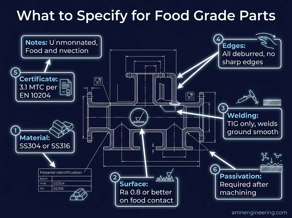 Engineering drawing showing food grade specification callouts including SS304 material, Ra 0.8 surface finish, TIG welded, and edges deburred