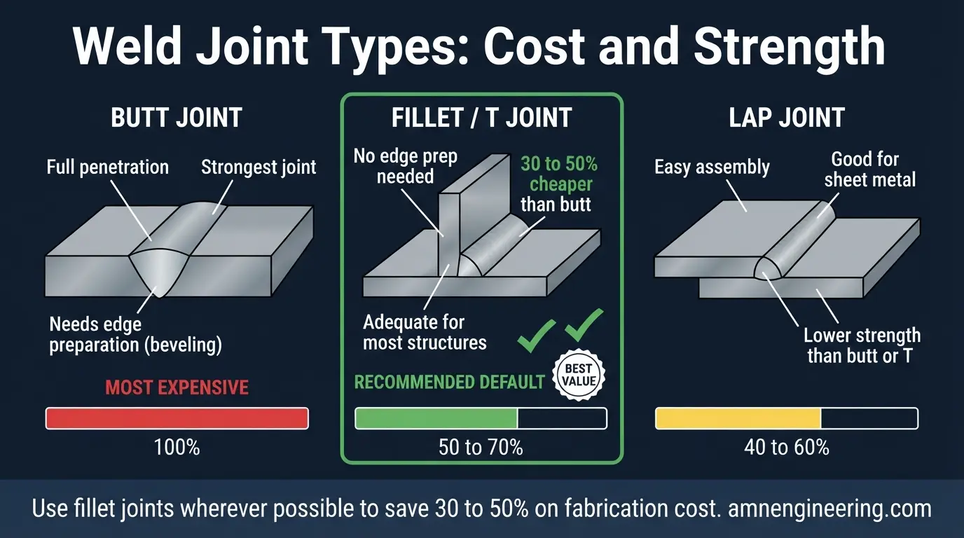 Comparison of butt, fillet, and corner weld joint types showing edge preparation and torch access