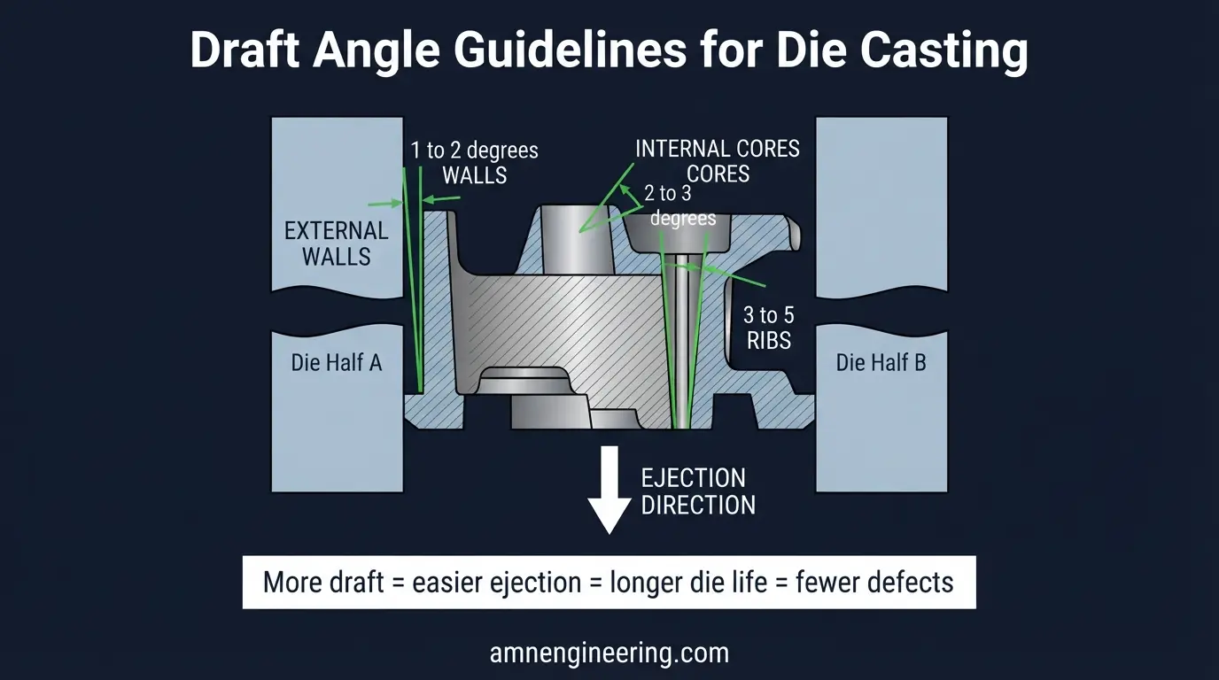 Diagram showing draft angle taper applied to vertical surfaces of a die cast part for clean ejection from the mold