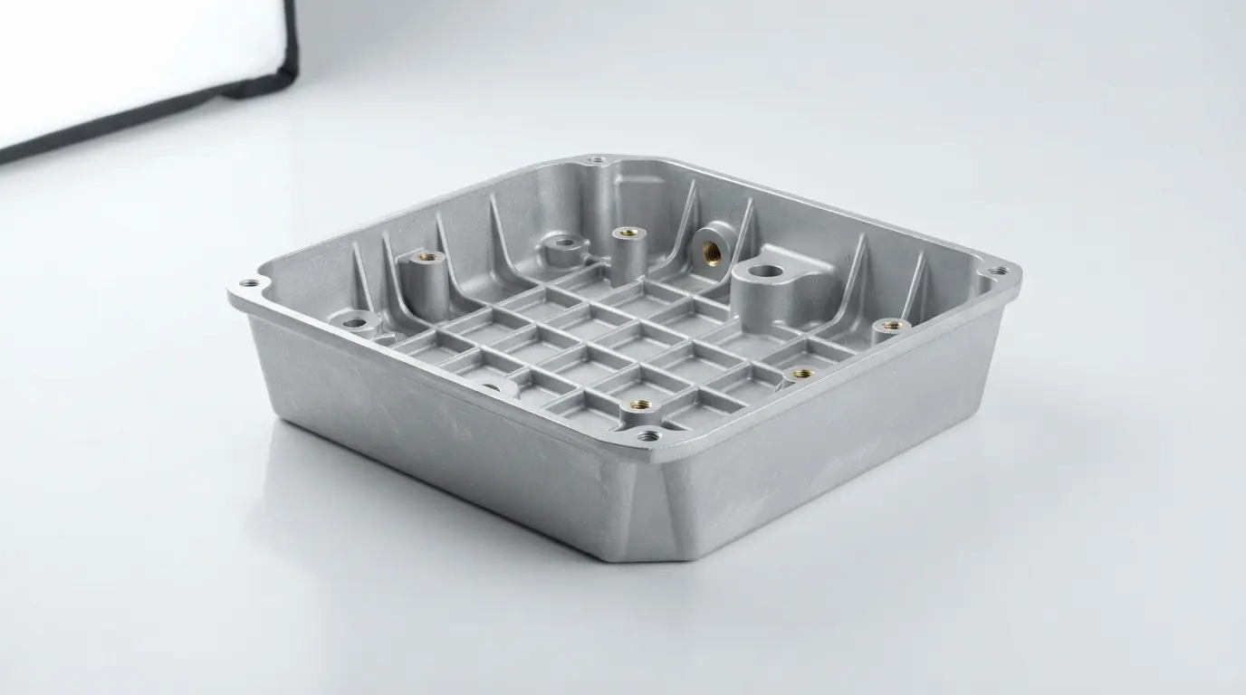Die cast aluminum part showing draft angles, uniform wall thickness, and well designed ribs and bosses