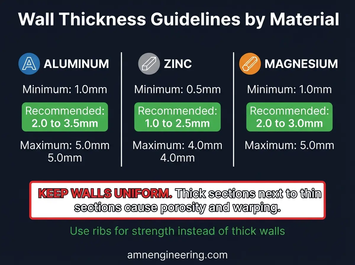 Wall thickness guide showing uniform walls, gradual transitions, and cored out thick intersections to prevent porosity in die casting