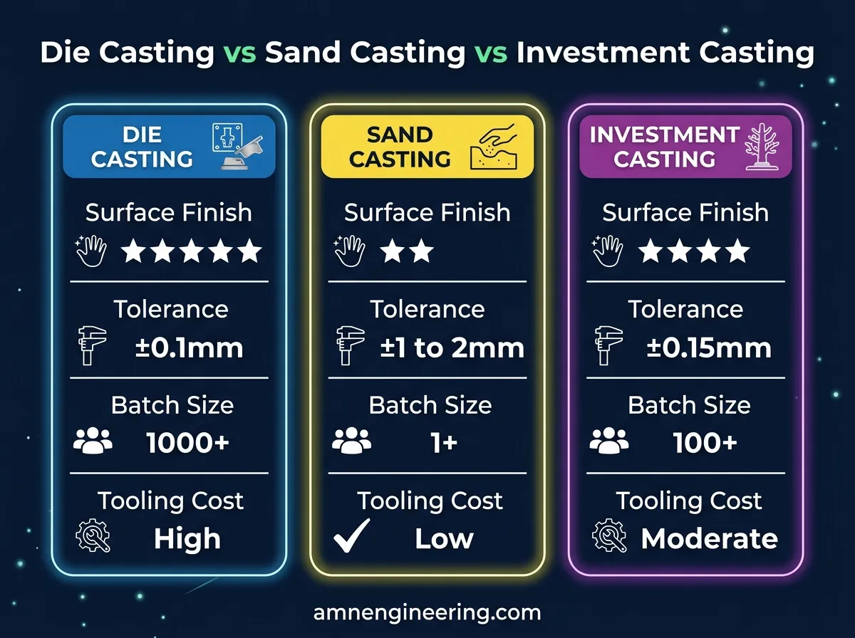 Die casting vs sand casting vs investment casting comparison showing surface finish, cost, batch size, and tolerances