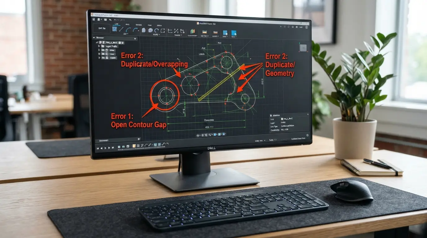 Computer screen showing a DXF file with highlighted errors including open contours and duplicate lines that cause laser cutting problems