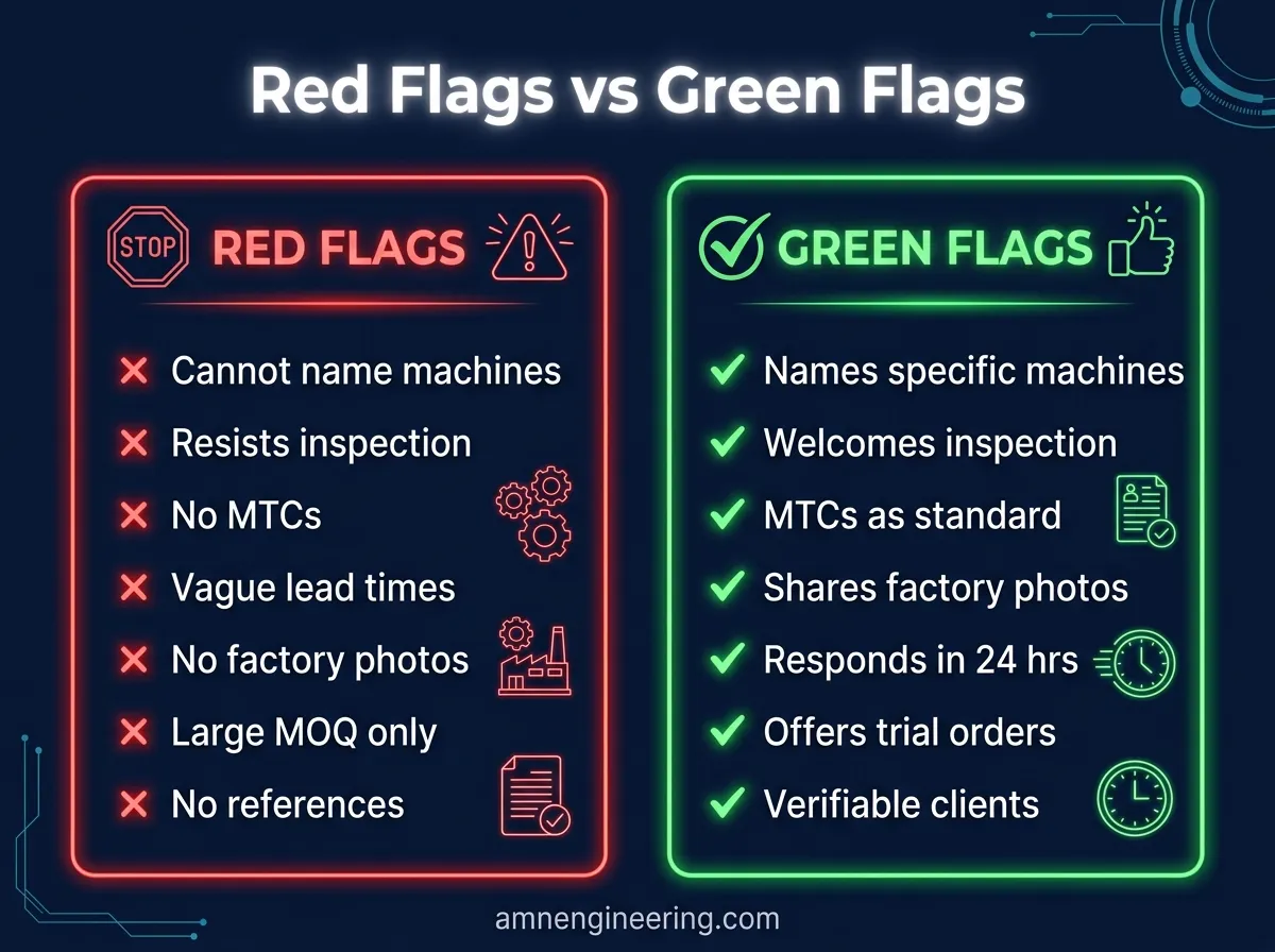 Side by side comparison of red flags and green flags when evaluating a contract manufacturer