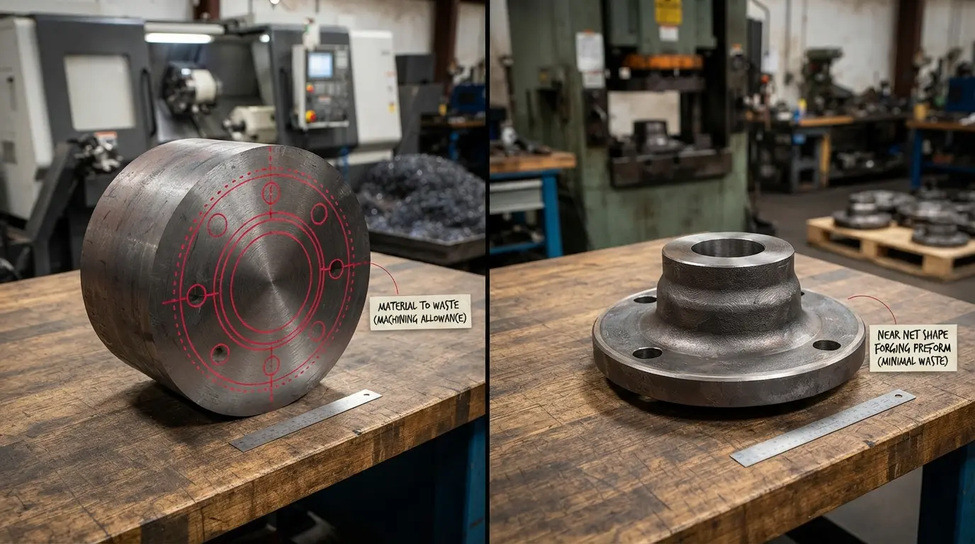 Comparison showing a large solid steel billet next to a near net shape forged part, with arrows indicating how much material is saved by forging