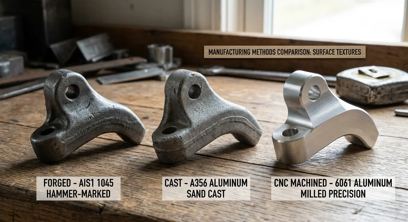 Forging vs casting vs CNC machining comparison showing a forging press, a casting mold, and a CNC machine producing metal parts
