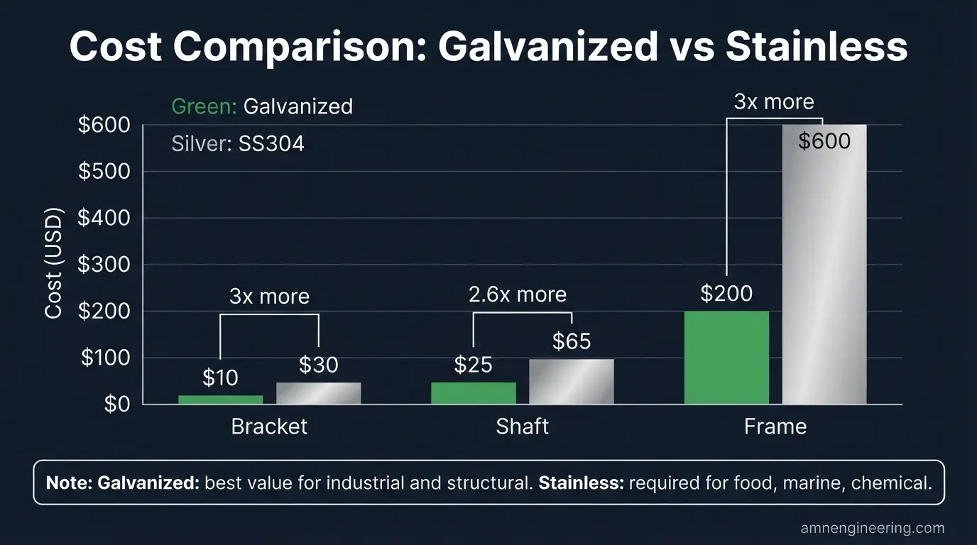 Cost comparison chart showing galvanized steel versus SS304 and SS316 prices across brackets, shafts, frames, and conduit