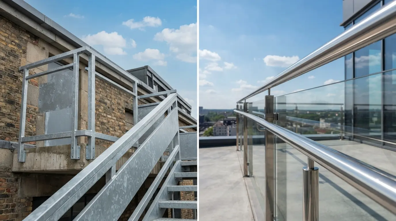 Galvanized steel structure and stainless steel railing side by side in outdoor environment showing different appearances