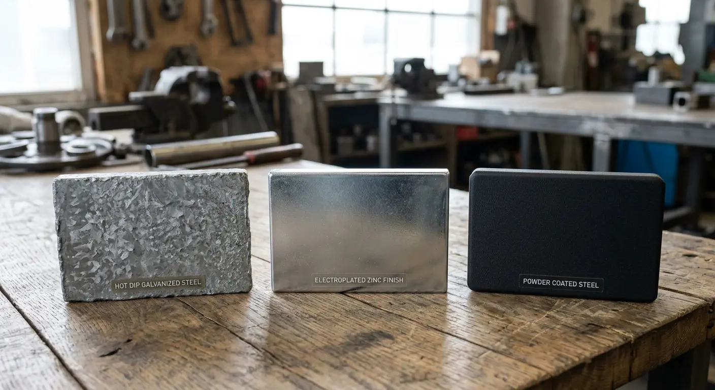 Hot dip galvanizing vs electroplating vs powder coating comparison showing three different surface finishing processes on steel parts