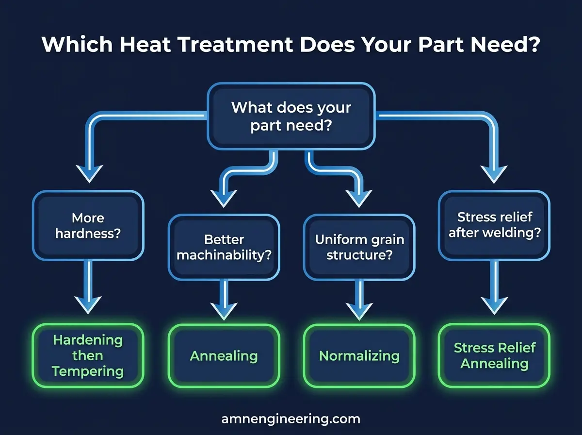 Decision flowchart guiding which heat treatment process to choose based on whether the part needs wear resistance, toughness, easy machining, or uniform properties