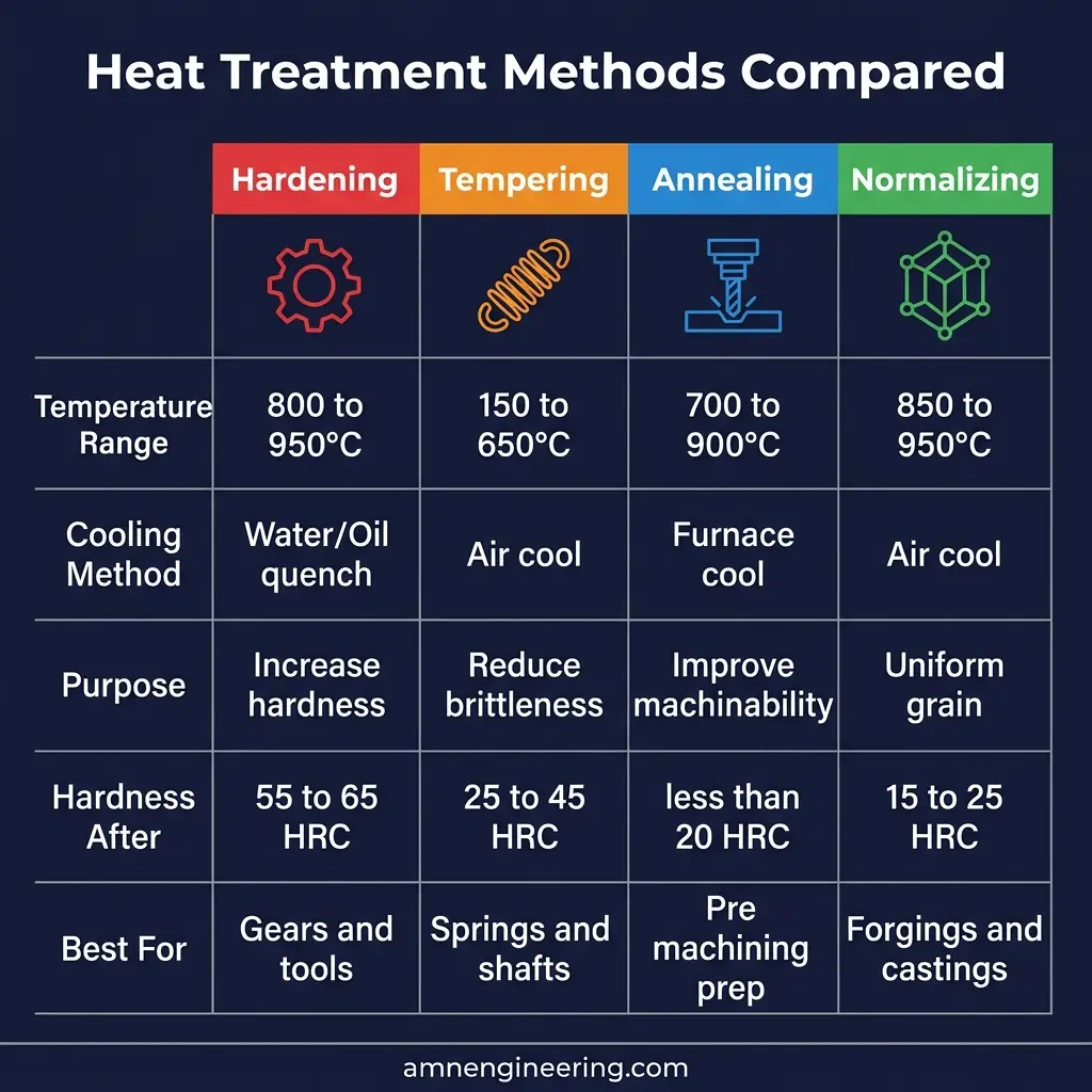Comparison chart of hardening, tempering, annealing, and normalizing showing purpose, temperature, cooling method, hardness result, and cost for each process