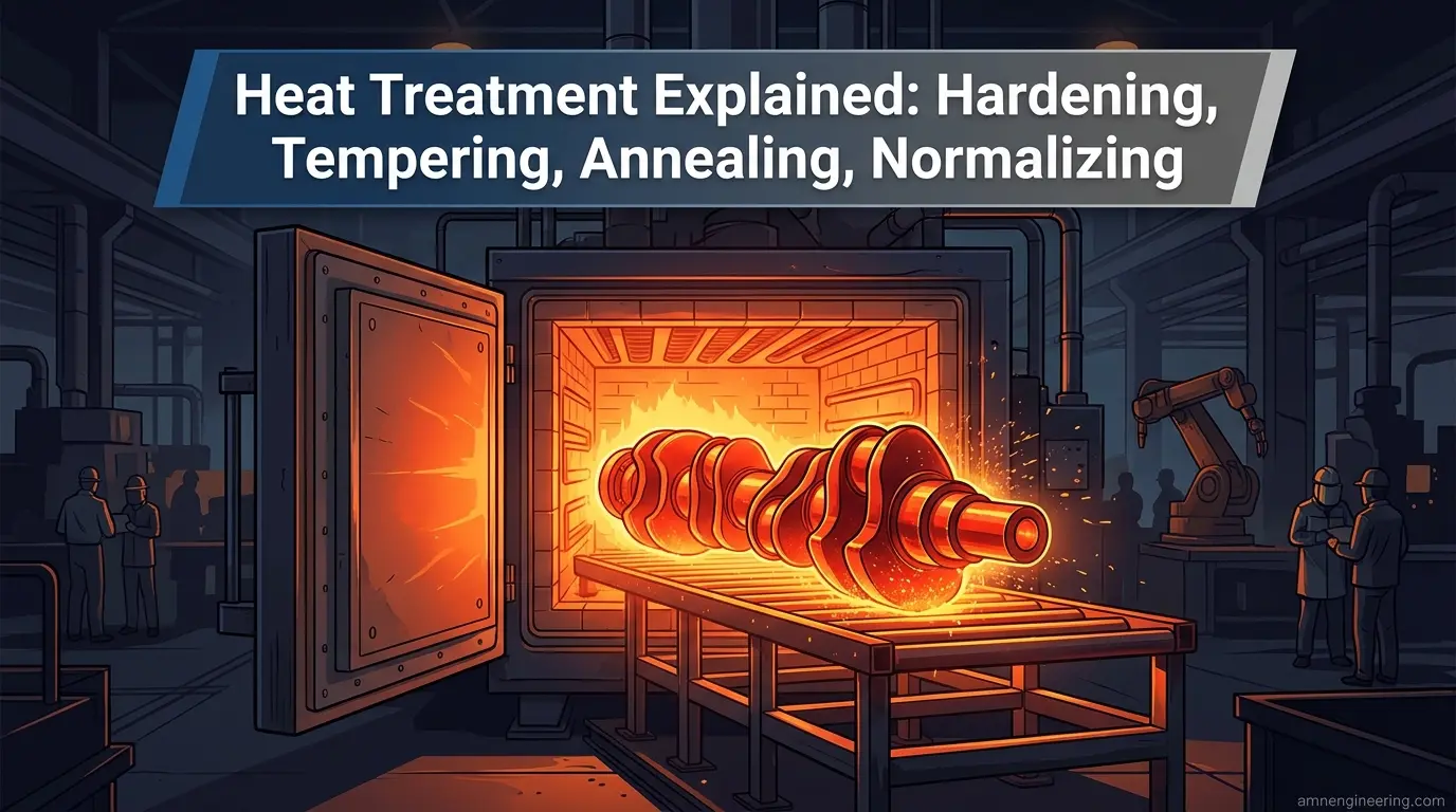 Steel parts glowing orange inside an industrial furnace during heat treatment at high temperature