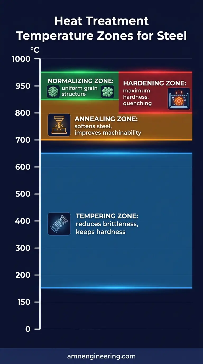 Temperature scale diagram showing the heating ranges in degrees Celsius for hardening, tempering, annealing, and normalizing steel