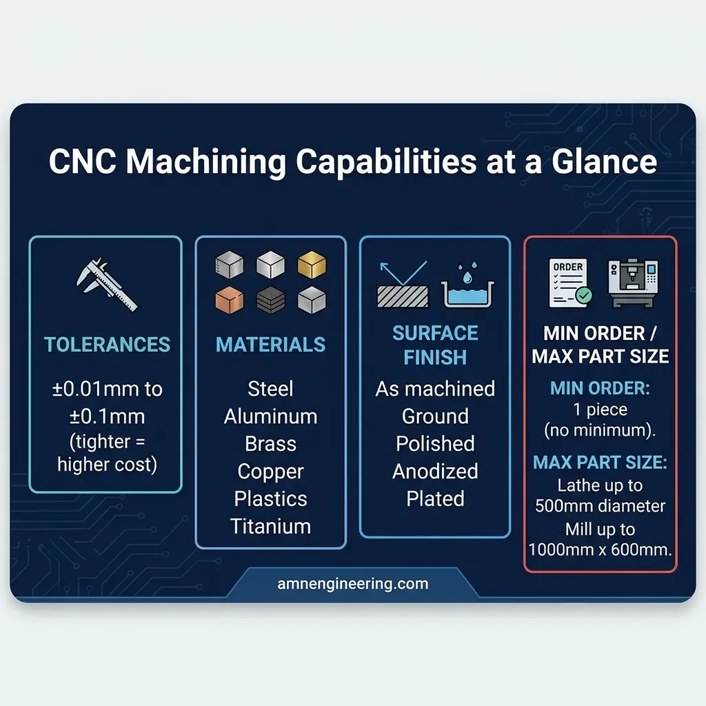 Card summarizing CNC machining capabilities at AMN Engineering including turning, milling, threading, and grinding