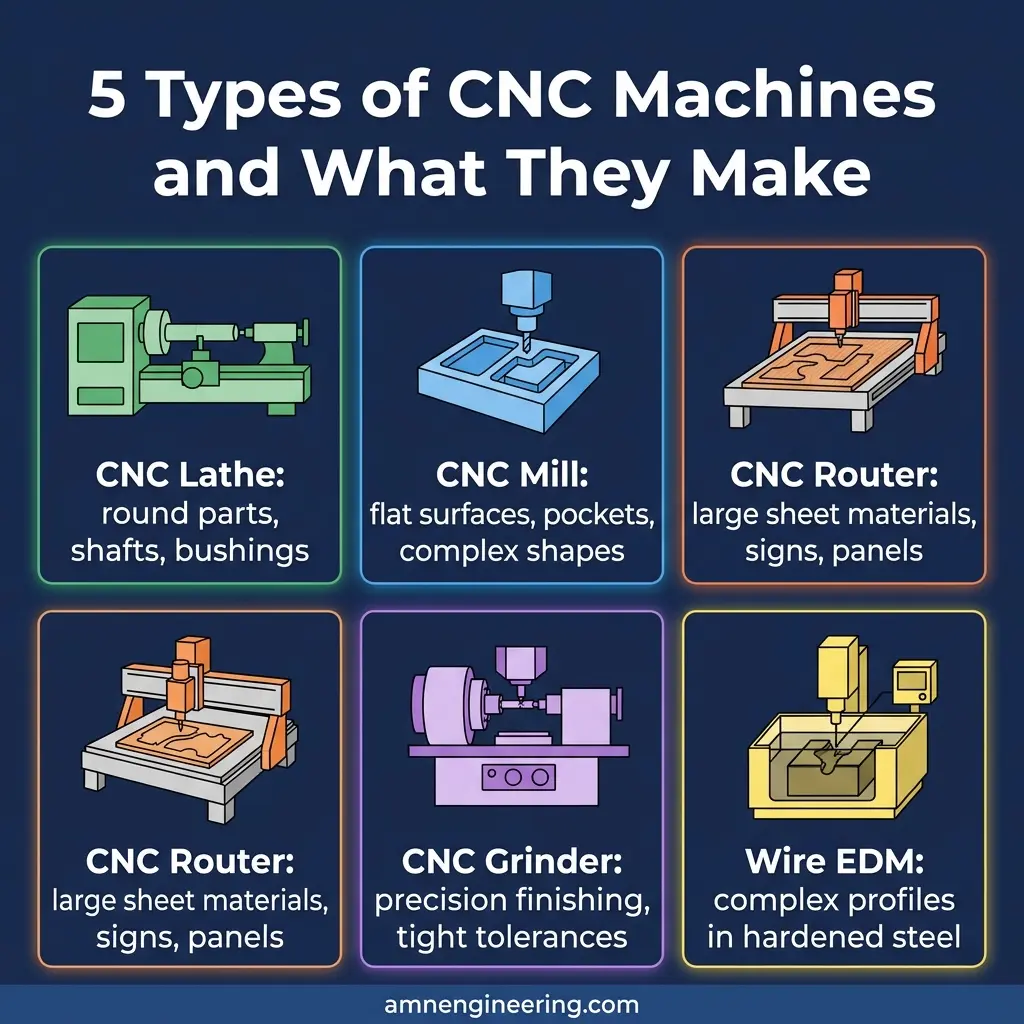 Four types of CNC machines used in manufacturing including a lathe, mill, grinder, and wire EDM