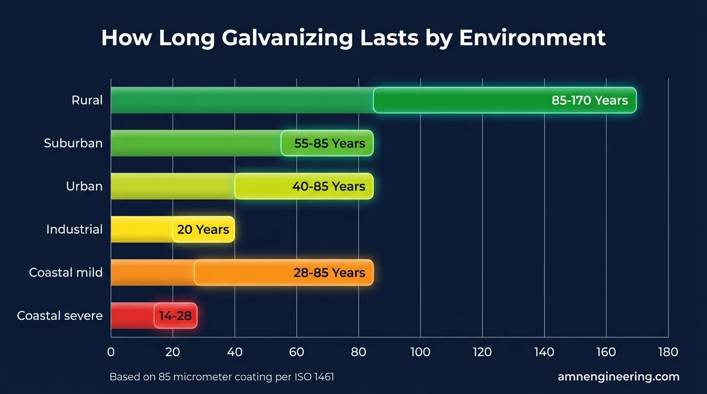 Chart showing hot dip galvanizing coating lifespan across rural, suburban, urban, industrial, and coastal environments