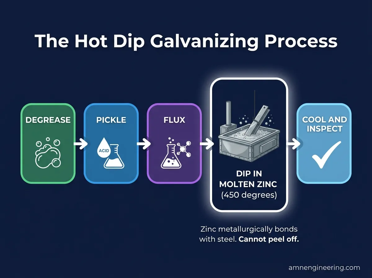 Five step diagram of the hot dip galvanizing process showing degreasing, pickling, fluxing, zinc dipping, and cooling stages