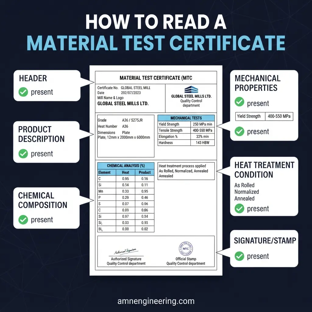 Material test certificate document with highlighted sections showing chemical composition, mechanical properties, and heat number for steel grade verification