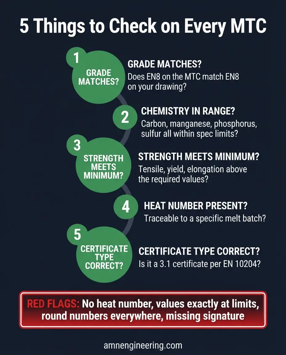 Checklist for verifying a material test certificate covering grade match, chemical composition, mechanical properties, heat number, and certificate type