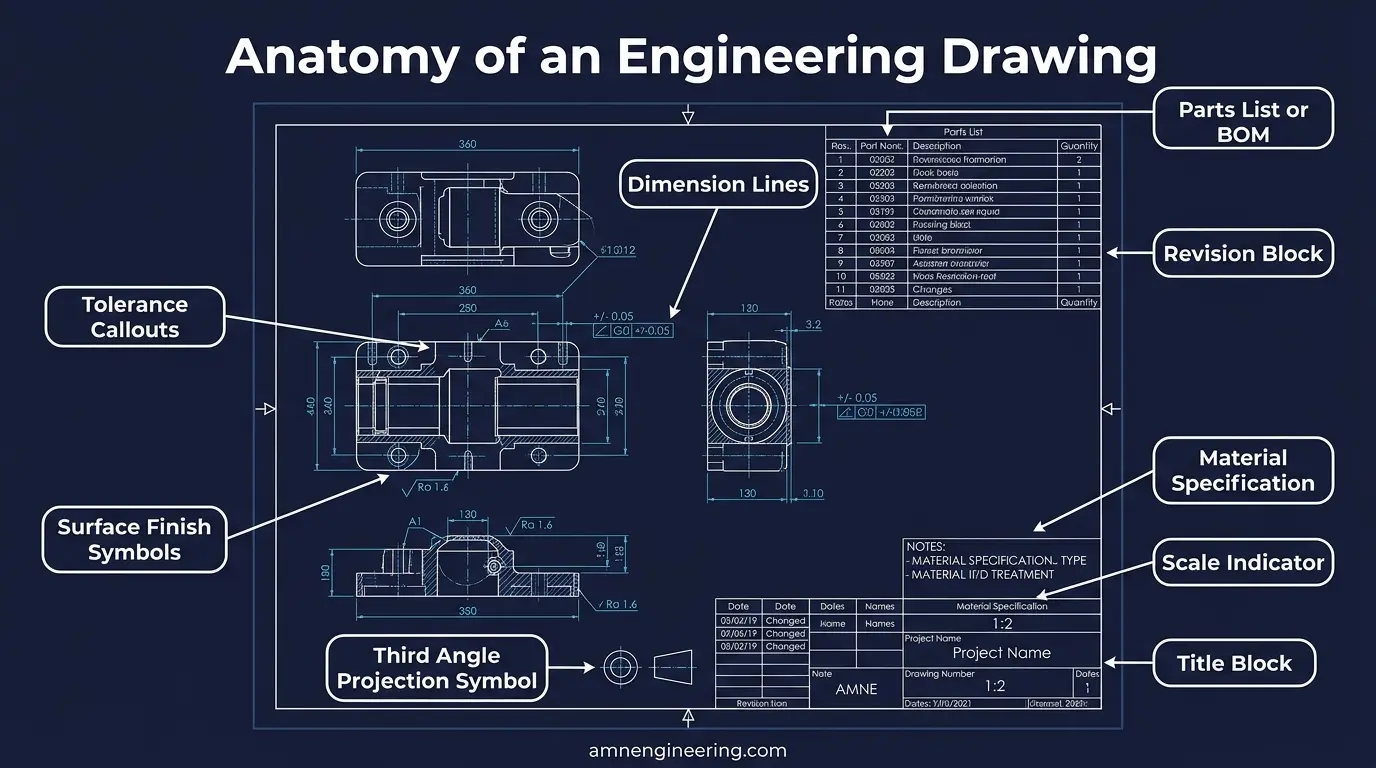 Annotated anatomy of an engineering drawing showing the title block, views, dimension lines, tolerance callouts, and surface finish symbols