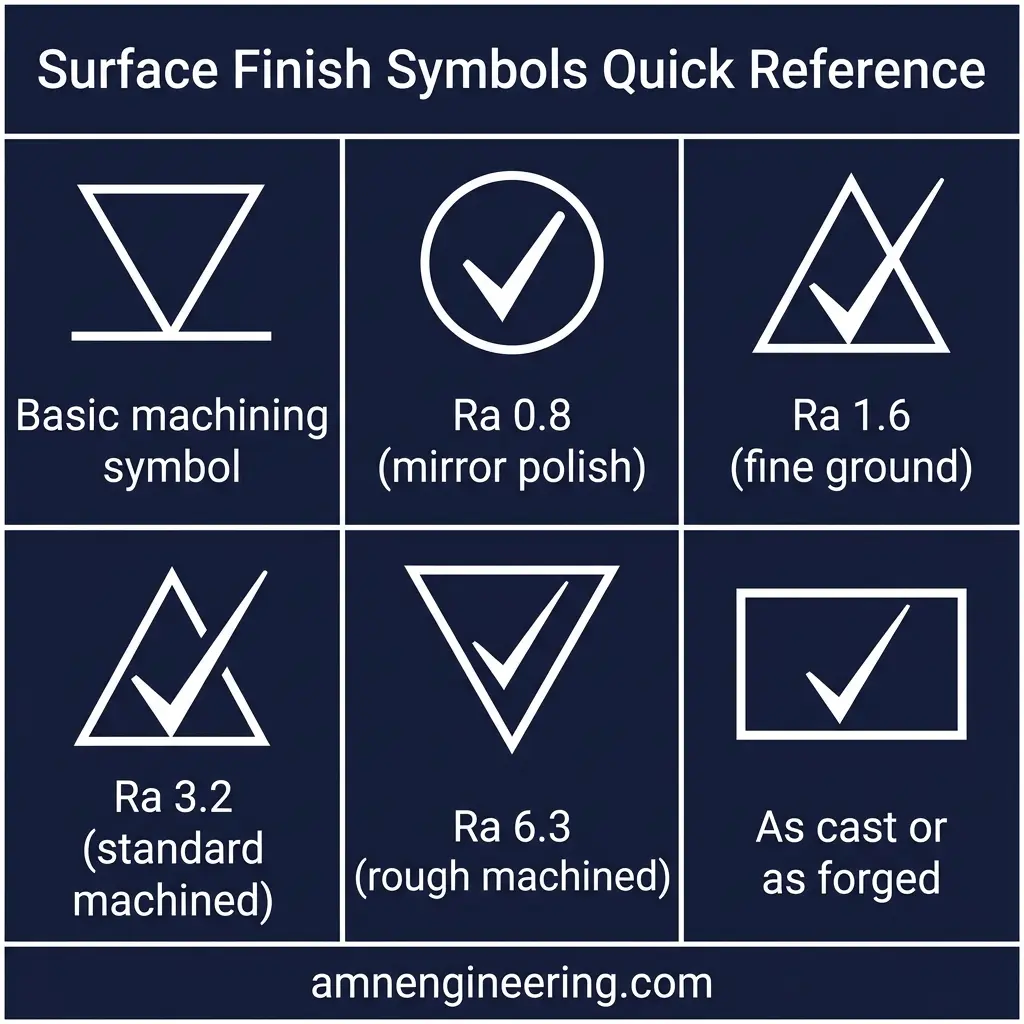 Reference chart of surface finish symbols with Ra values from Ra 12.5 rough machined down to Ra 0.4 precision ground