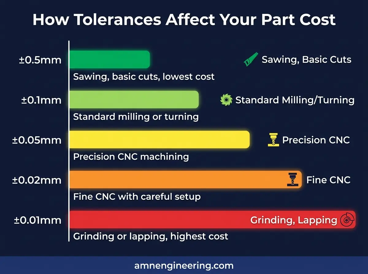 Chart showing how tighter machining tolerances increase cost, from standard machining at base cost up to ground finishes at 50 to 100 percent more