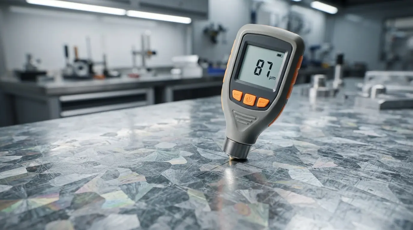 Hot dip galvanized steel parts with coating thickness gauge measuring zinc coating per ISO 1461 requirements