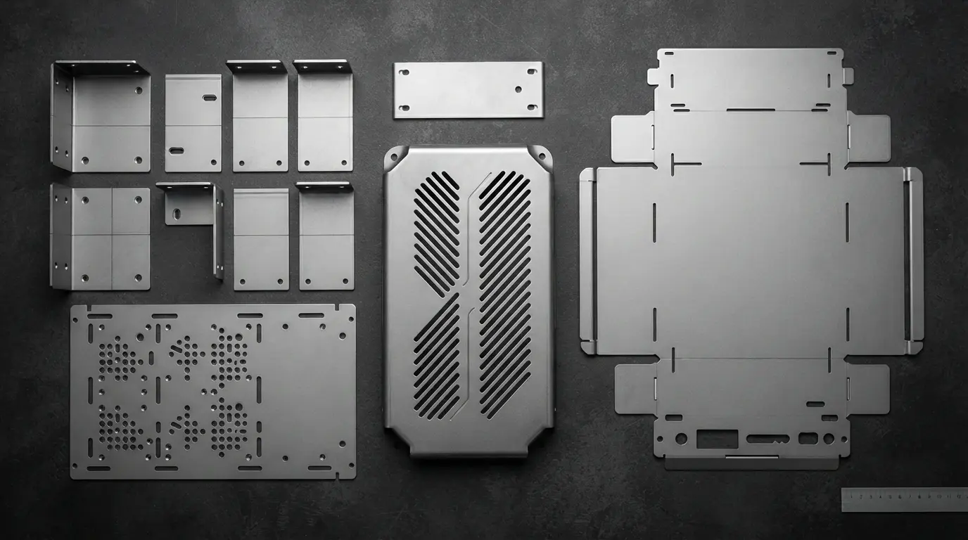Collection of laser cut sheet metal parts including brackets, panels, guards, and enclosure blanks ready for bending and assembly