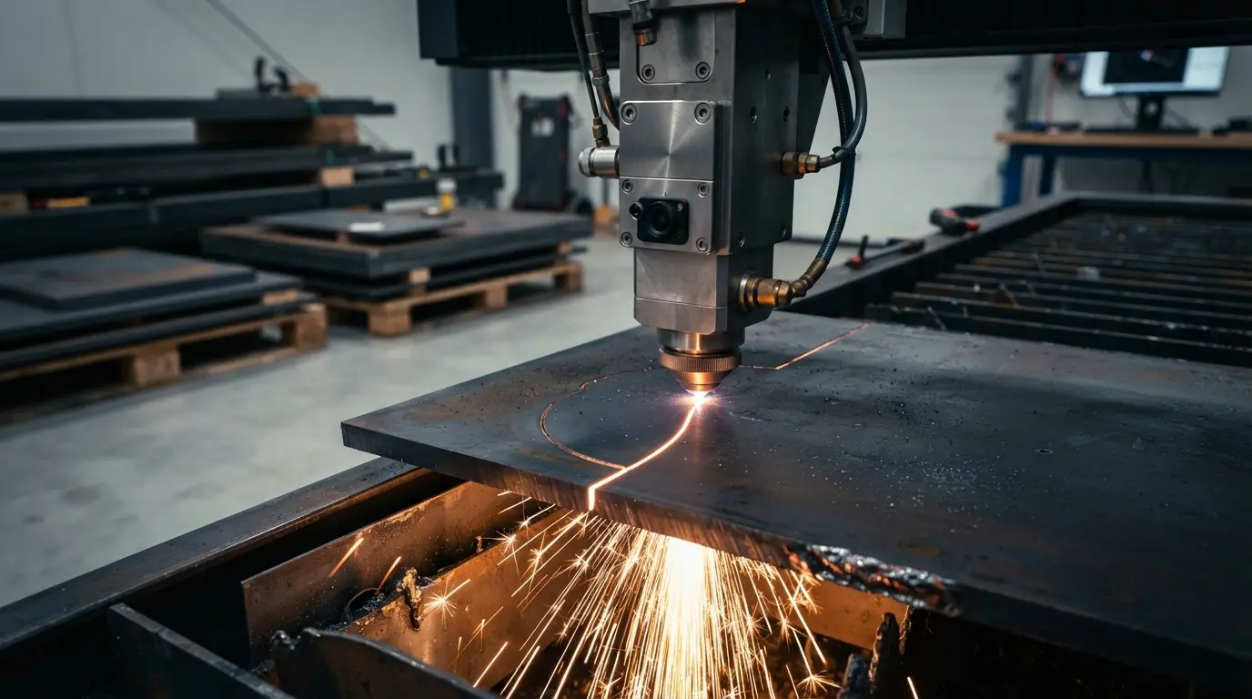 Fiber laser cutter cutting through thick steel plate with bright sparks and clean cut edge visible