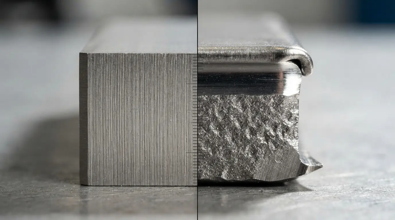 Close up comparison of a laser cut edge and a stamped edge on the same thickness steel showing the difference in surface quality