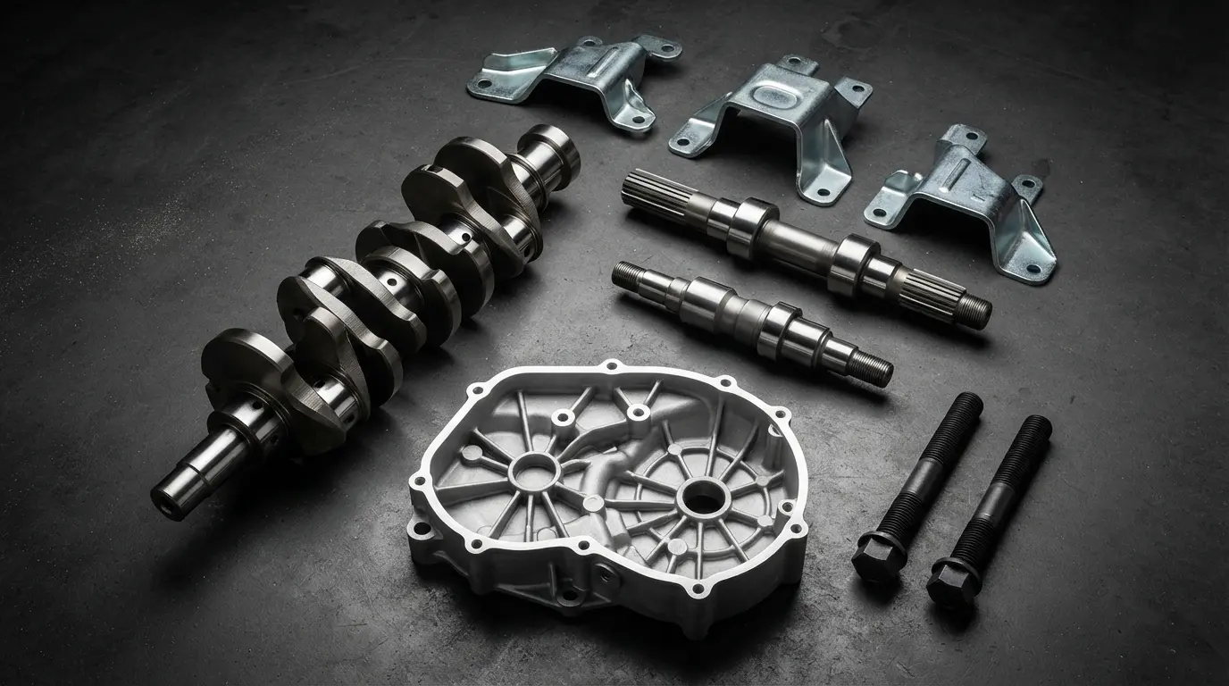 CNC machined and forged automotive components including shafts, bushings, brackets, and stamped parts