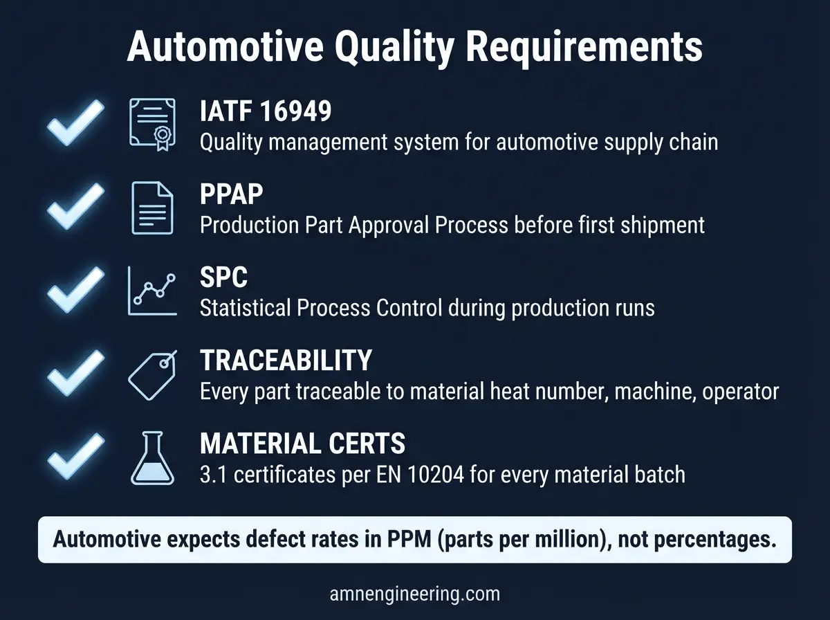 Automotive quality standards checklist covering IATF 16949, PPAP, material certifications, and traceability