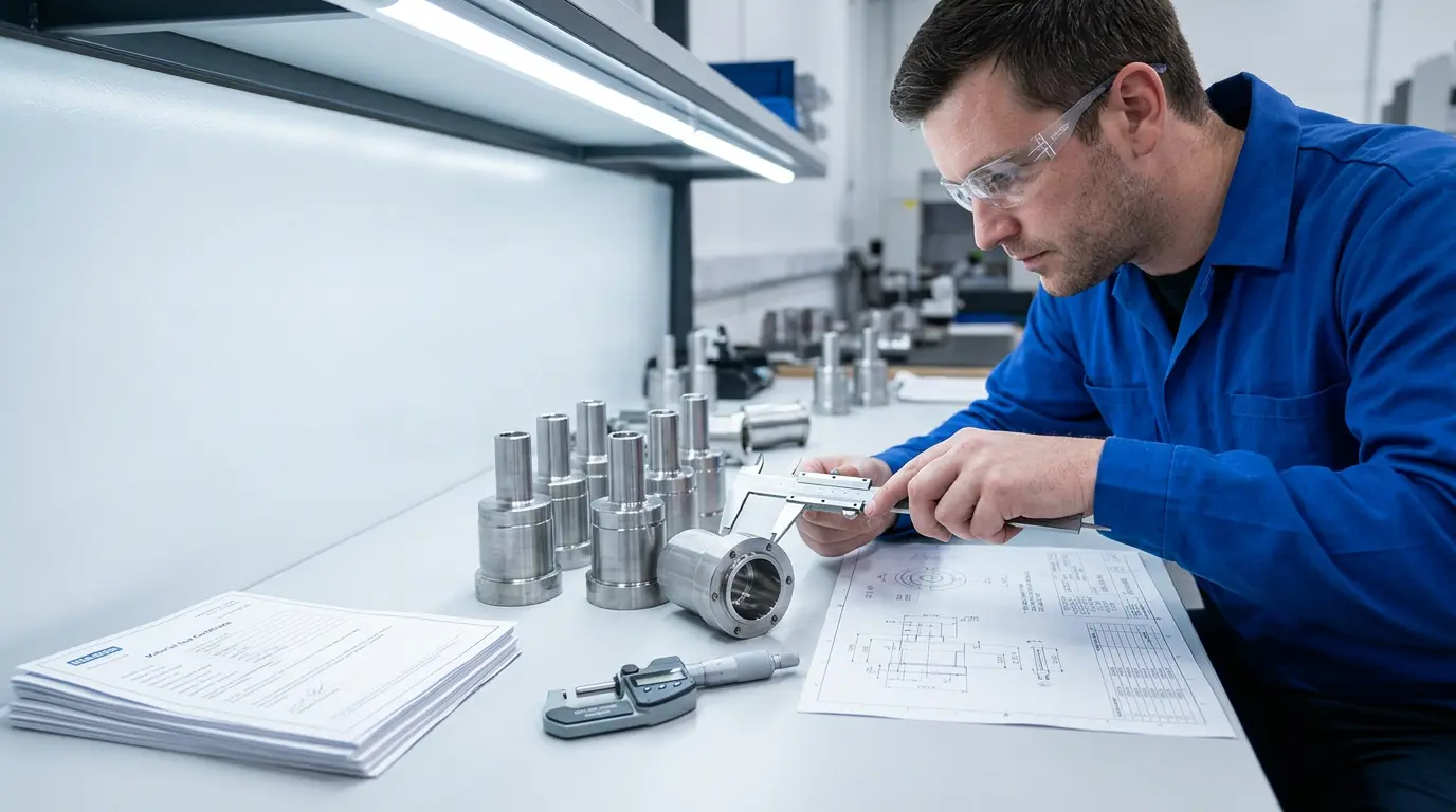 Quality control inspection at AMN Engineering showing dimensional verification of machined parts with precision measuring instruments