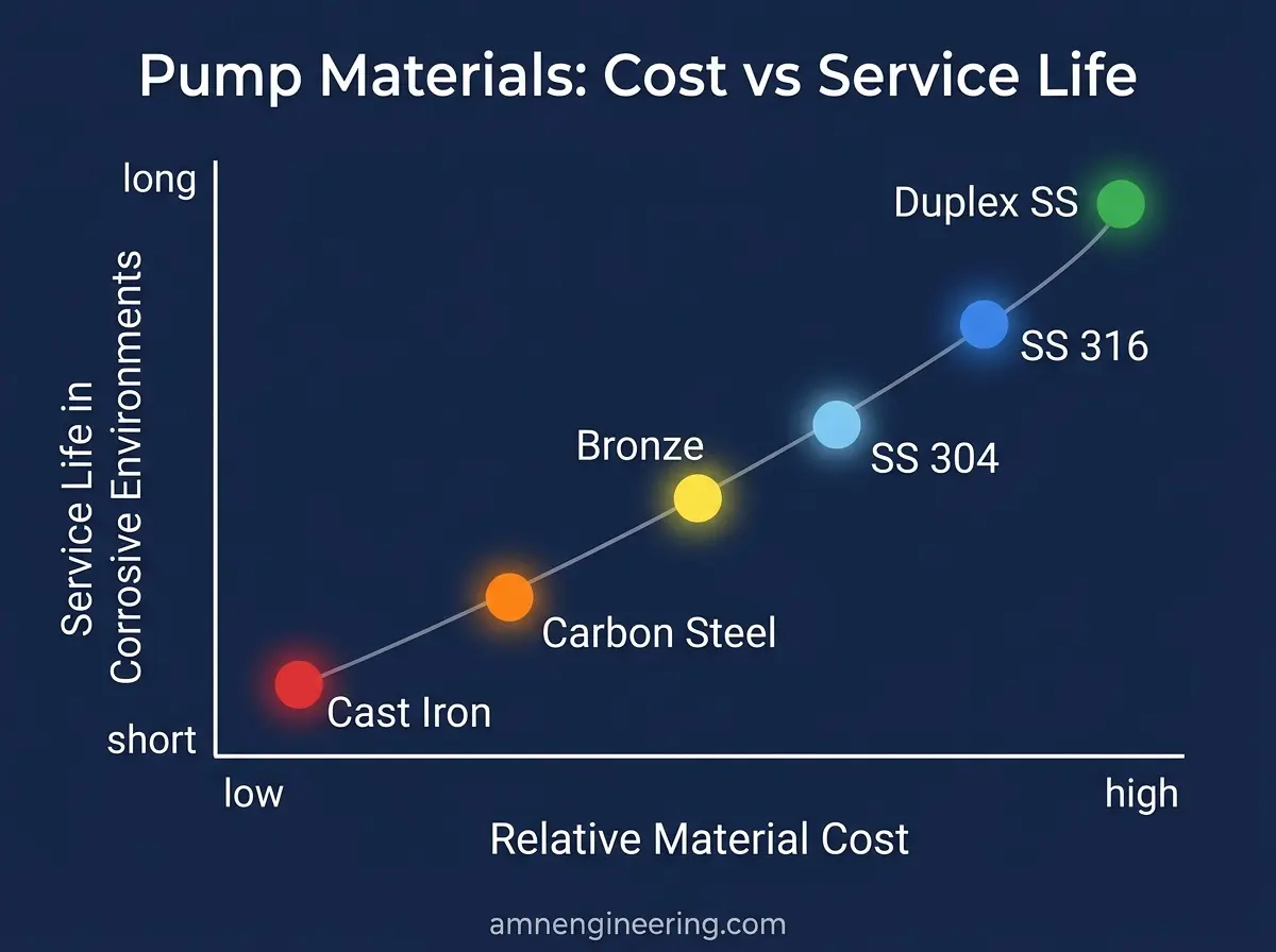 Chart comparing relative material cost against expected service life for cast iron, SS 304, SS 316, duplex, and bronze pump components